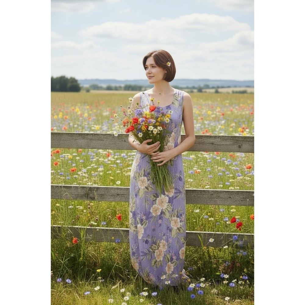 Vintage Y2K Women's L Floral Midi Dress Purple Sleeveless Cottagecore Romantic